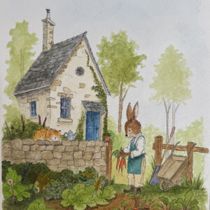 Watercolor and ink painting of a badger and a dog chatting outside a glowing inn under a full moon and starry sky.