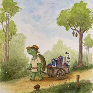 Whimsical watercolor and ink painting of a turtle explorer pulling a wooden cart of books along a woodland path.