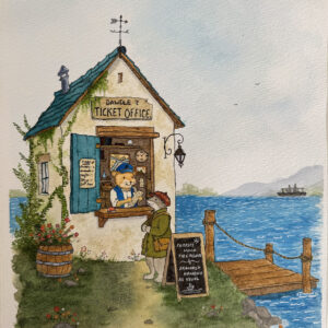 Whimsical watercolor and ink painting of a seaside ticket office where an animal clerk serves a traveller, beside a wooden pier and blue ocean.