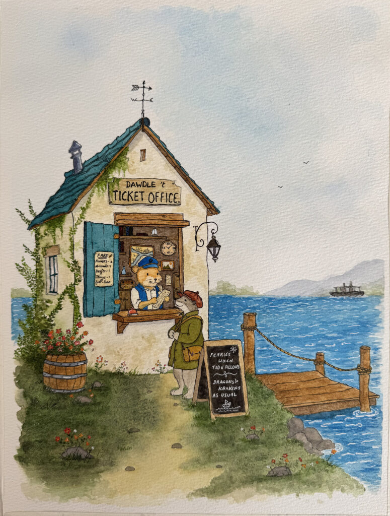 Whimsical watercolor and ink painting of a seaside ticket office where an animal clerk serves a traveller, beside a wooden pier and blue ocean.