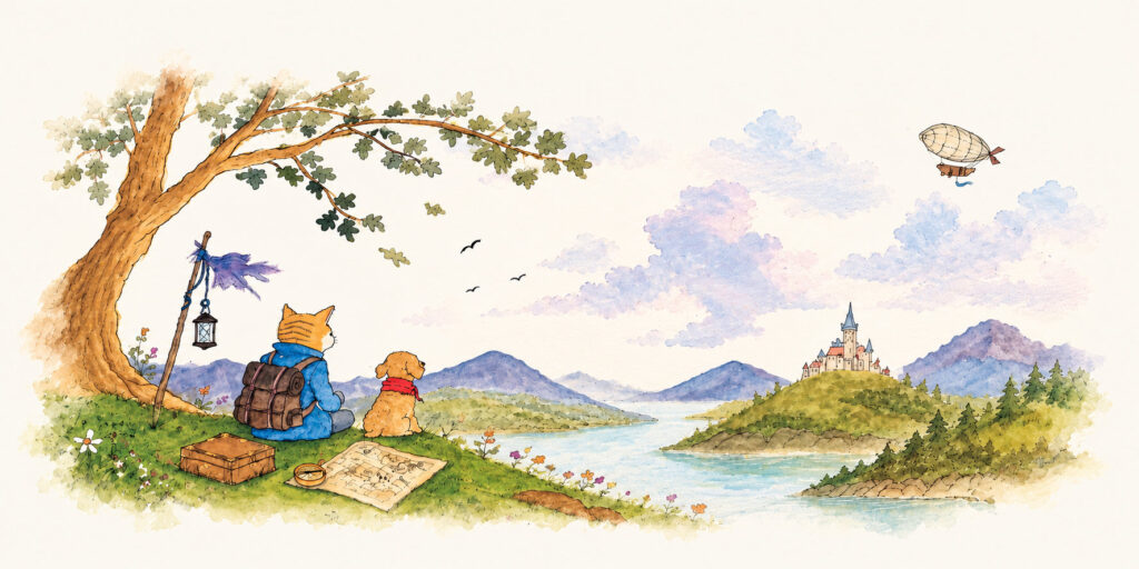 Whimsical watercolor and ink painting of a cat explorer and a small dog sitting next to a map and gazing towards a distant riverside castle-town beneath a cloudy sky. An hot balloon airship can be seen far away.