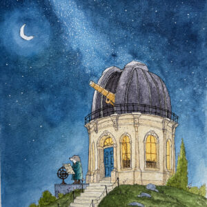 Whimsical watercolor and ink painting of a hilltop observatory with a domed roof, brass telescope and glowing arched windows, where a wolf astronomer reads star beneath a crescent moon.