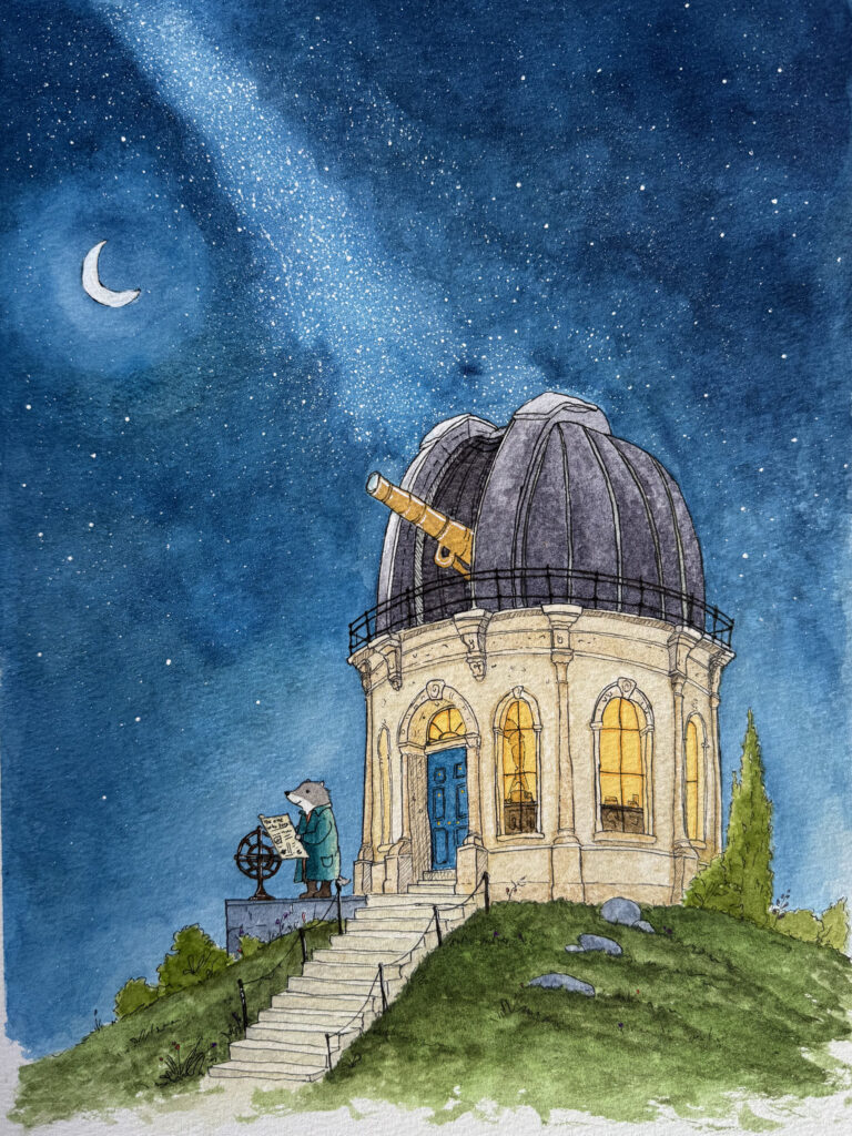 Whimsical watercolor and ink painting of a hilltop observatory with a domed roof, brass telescope and glowing arched windows, where a wolf astronomer reads star beneath a crescent moon.