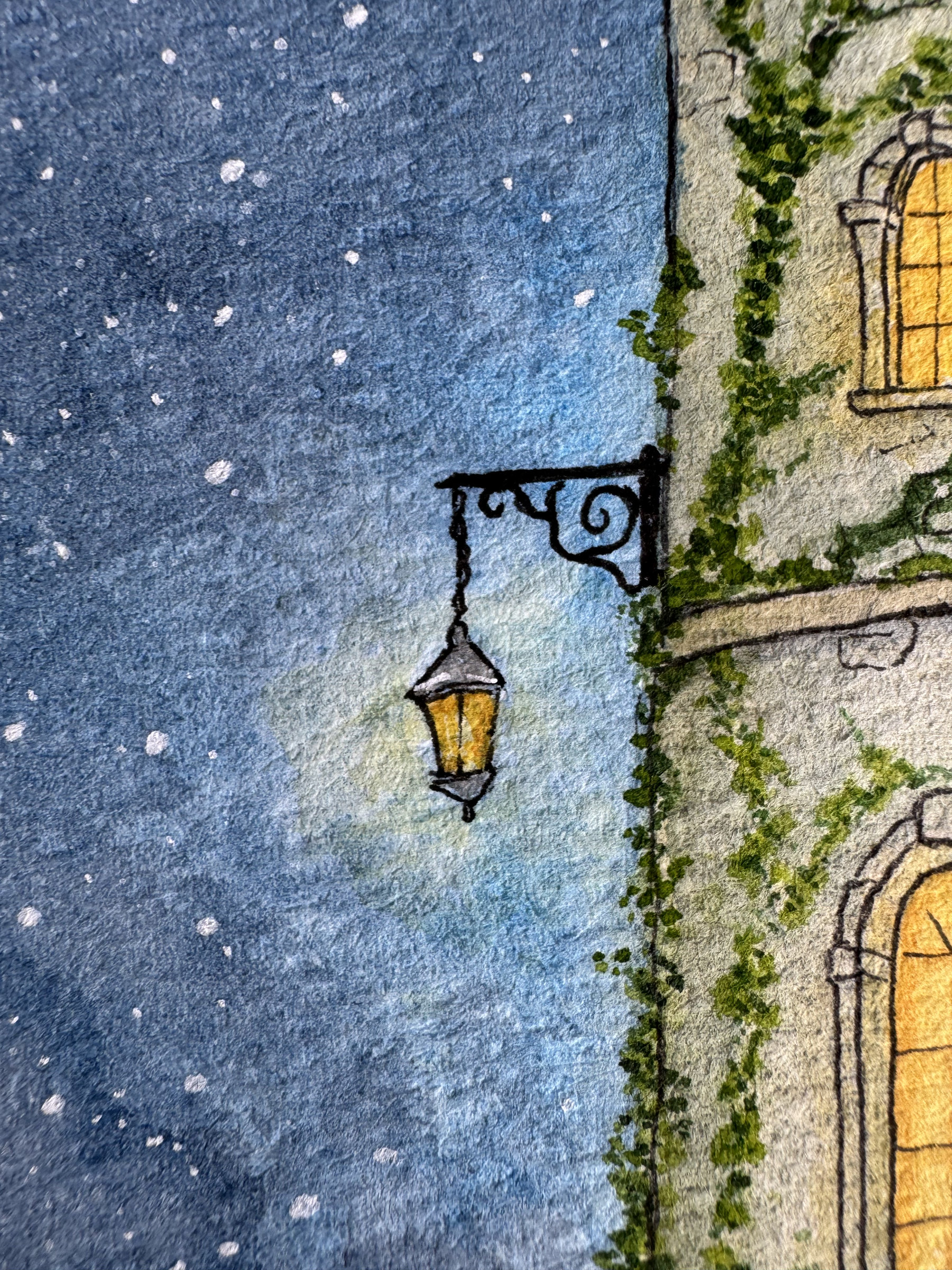 Watercolor and ink detail of a glowing golden lantern hanging from an ornate bracket on an ivy-covered stone tower beneath a starry night sky.