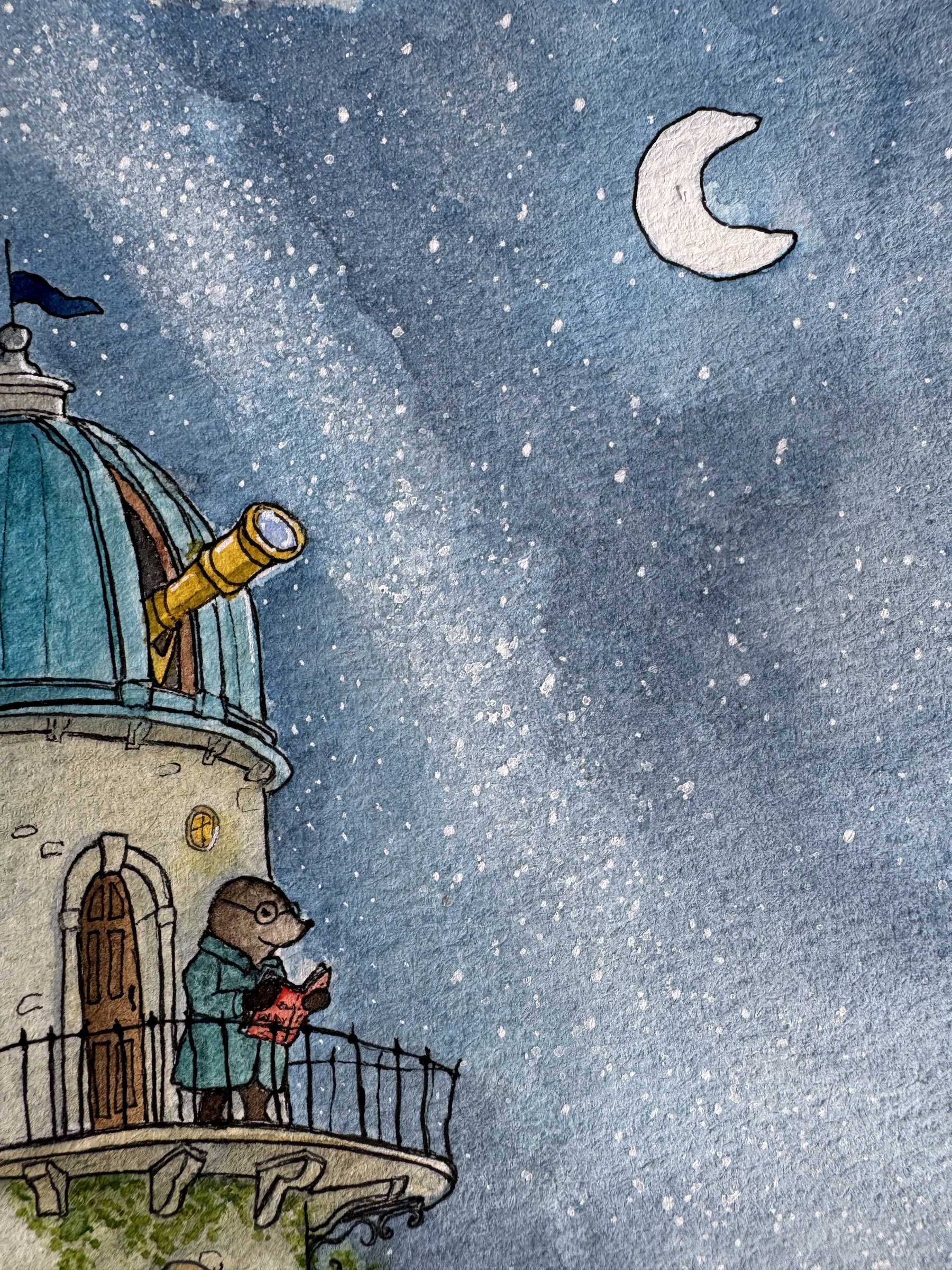Storybook watercolor and ink painting of a mole in a teal coat reading a red book on a tower balcony beside a brass telescope and crescent moon.