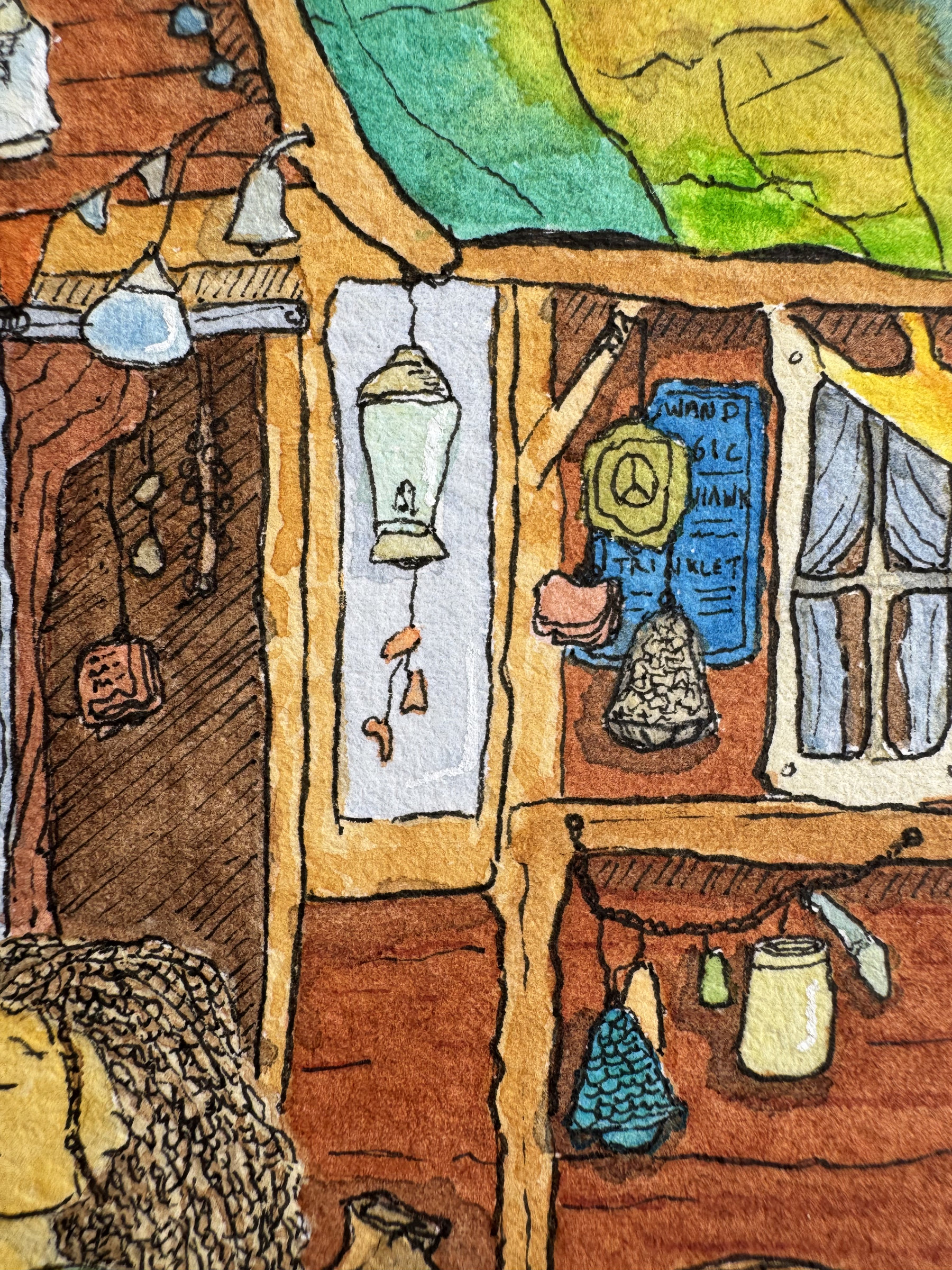 Watercolour detail of a whimsical wooden caravan decorated with hanging charms, lanterns, a blue sign and colourful trinkets beside its doorway.