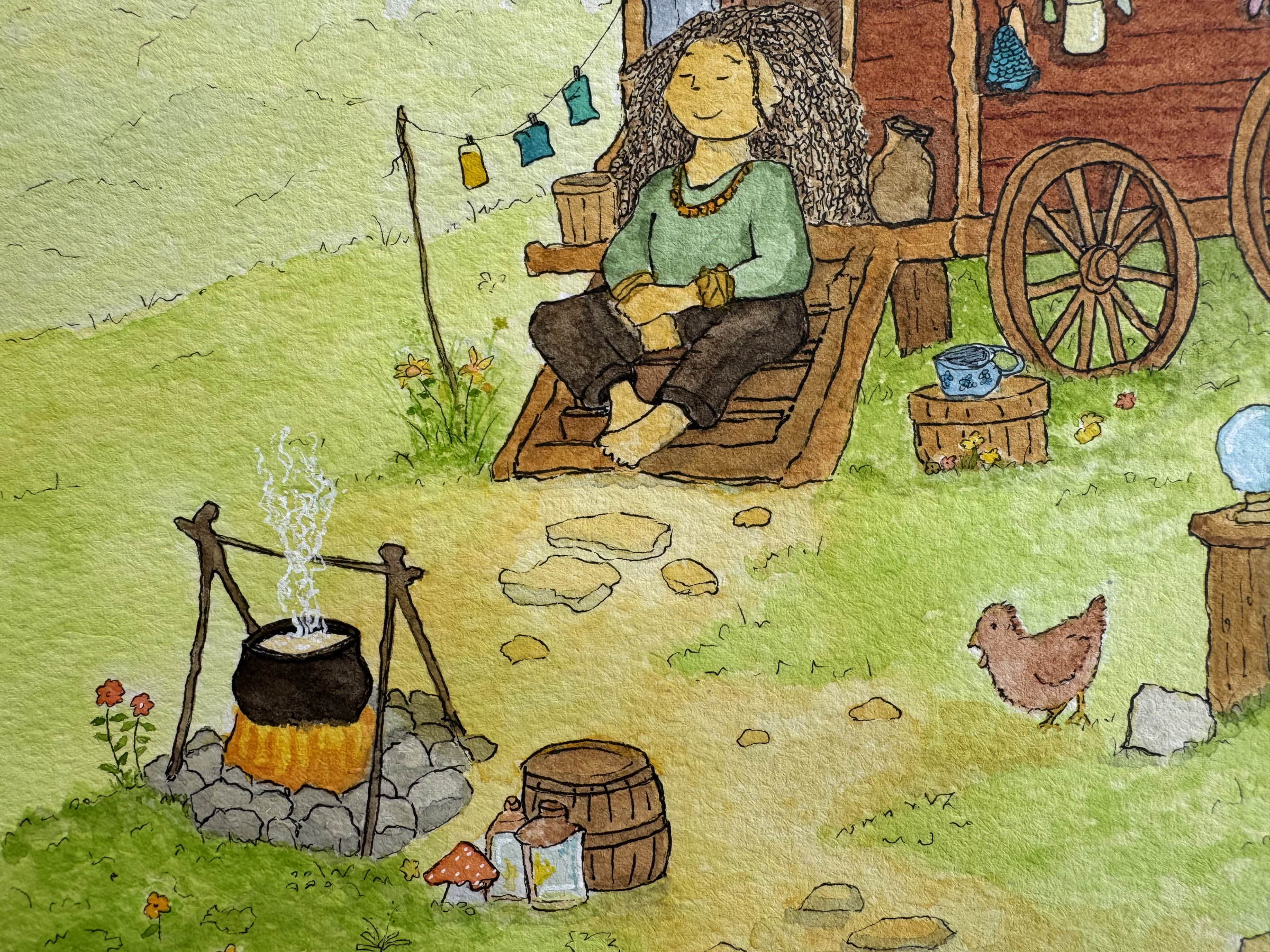 Whimsical watercolour detail of a travelling vagabond's camp, with a steaming black cauldron over a fire, wooden barrels, spotted mushrooms, a chicken and scattered stepping stones.