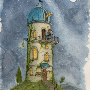 Whimsical watercolor and ink painting of Moon Nook, a tall ivy-covered stone tower with glowing windows, a teal domed observatory, and a mole astronomer reading beneath a crescent moon.