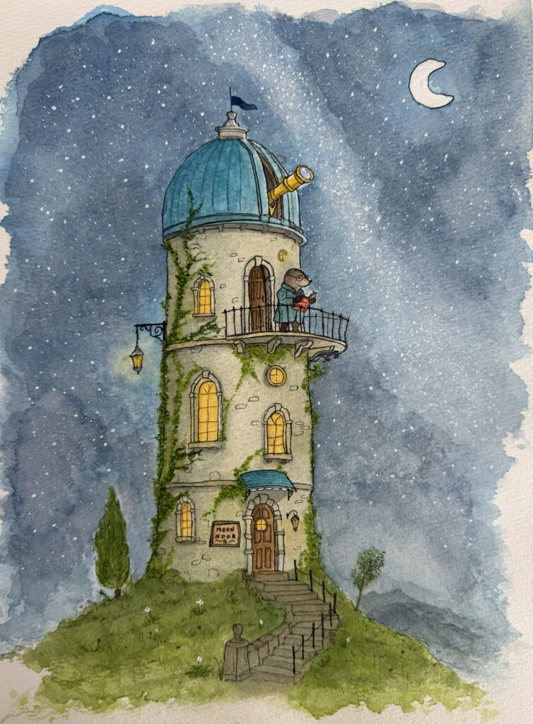 Whimsical watercolor and ink painting of Moon Nook, a tall ivy-covered stone tower with glowing windows, a teal domed observatory, and a mole astronomer reading beneath a crescent moon.