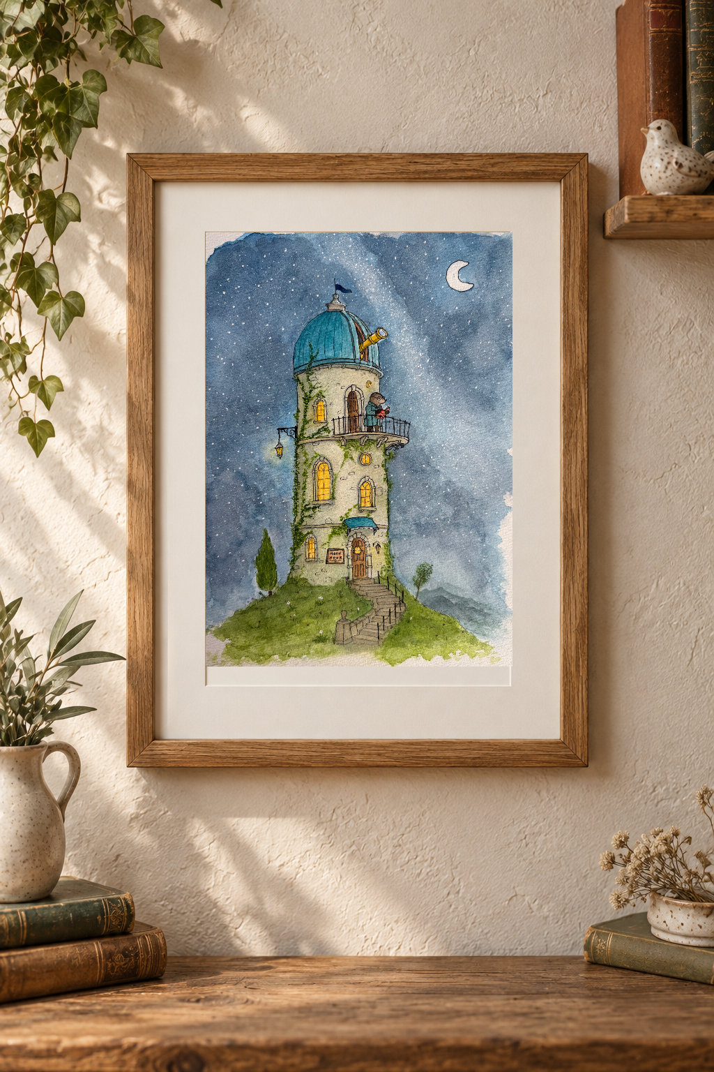 Badger Astronomer Tower Watercolor Ink Painting: Whimsical Moonlit Wall Art - Image 5