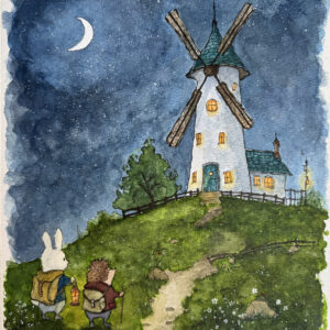 Whimsical watercolor and ink painting of a glowing white windmill on a grassy hill, with rabbit and hedgehog travellers beneath a crescent moon and starry sky.