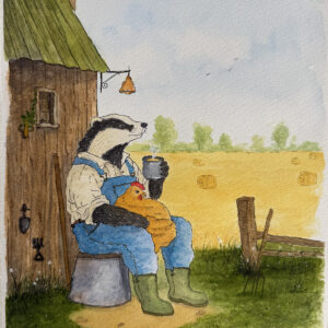 Whimsical watercolor and ink painting of a relaxed badger farmer cuddling a golden chicken with a steaming mug, beside a rustic farmhouse and a sunlit field of hay bales.