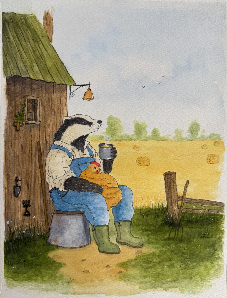 Whimsical watercolor and ink painting of a relaxed badger farmer cuddling a golden chicken with a steaming mug, beside a rustic farmhouse and a sunlit field of hay bales.