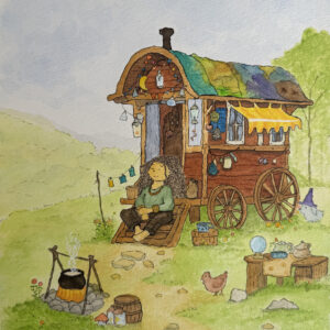 Whimsical watercolour painting of a travelling vagabond resting beside a colourful wooden caravan, with a campfire, curious trinkets, a chicken and a tiny bunny wizard in a grassy meadow.