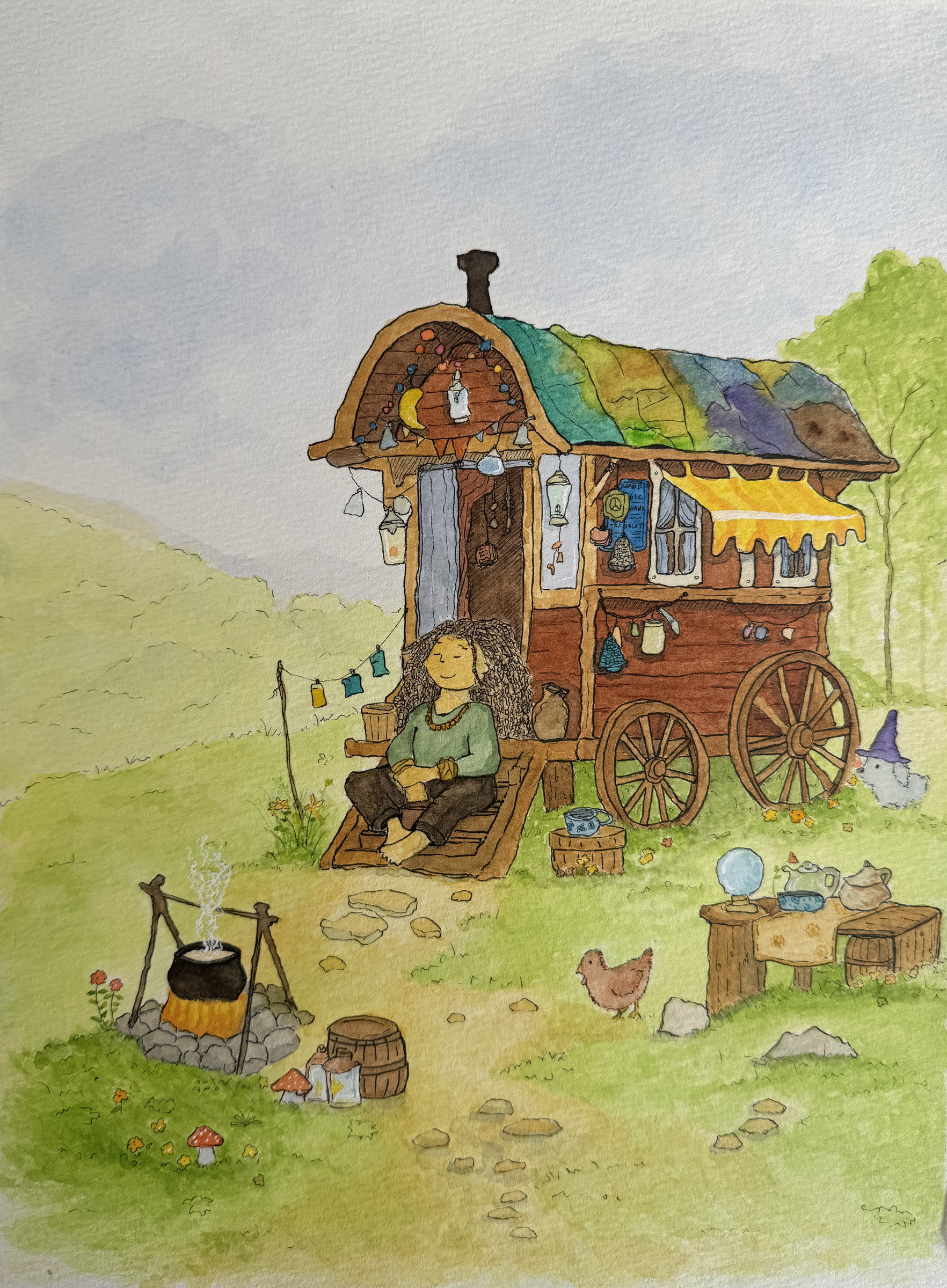 Whimsical watercolour painting of a travelling vagabond resting beside a colourful wooden caravan, with a campfire, curious trinkets, a chicken and a tiny bunny wizard in a grassy meadow.