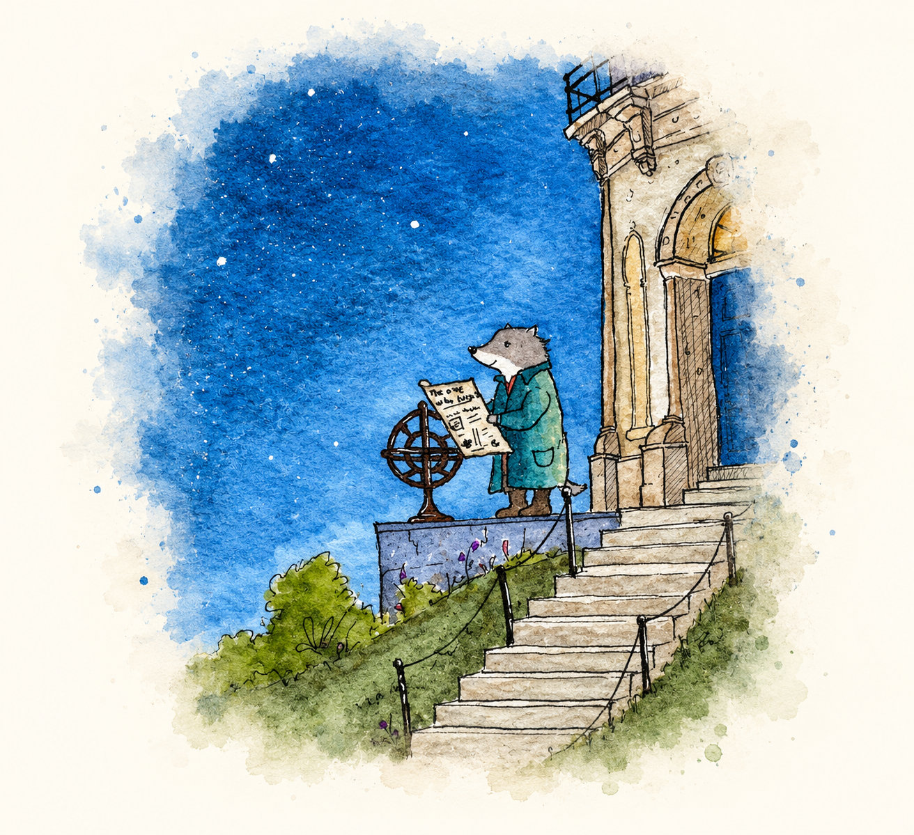 Storybook watercolor and ink illustration of a small wolf astronomer in a teal coat reading a star chart beside a celestial globe outside an observatory.